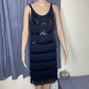 Sleeveless fringe and sequin black dress